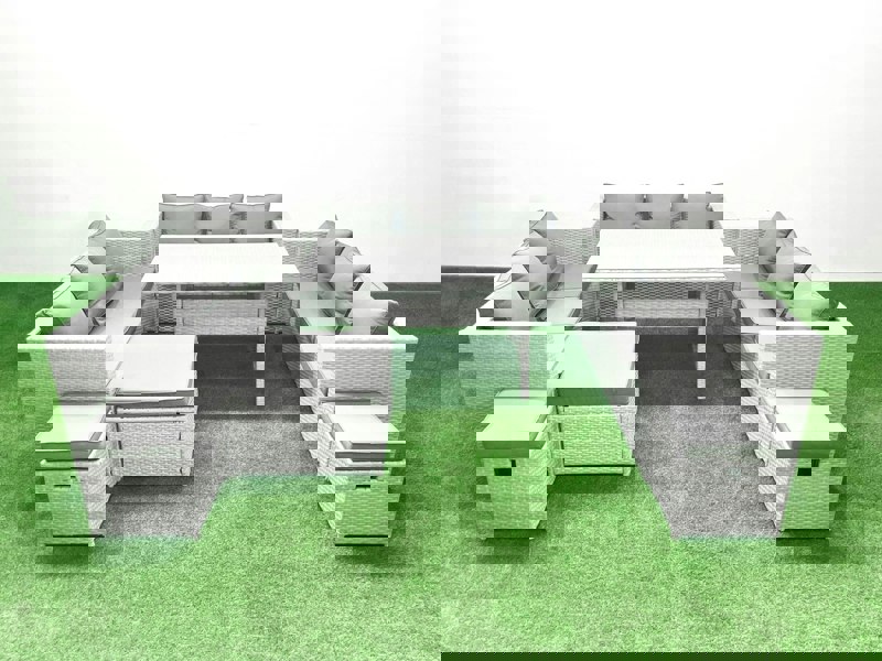 Fimous Rattan Garden Outdoor Furniture Set 12 Seater Garden Sofa Rectangulr Dining Table Set with 3 Footstools Light Grey Mixed