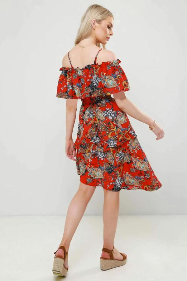 Urban Bliss Anita Red Paisley Asymmetric Ruffle Midi Dress
