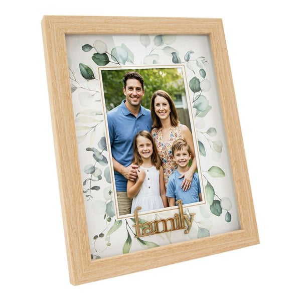 Modern Oak MDF Gold Family Picture Frame with Green Floral Decoration Image 2