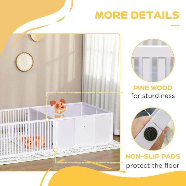 Dog playpen feature diagram highlighting sturdy pine wood and non-slip pads