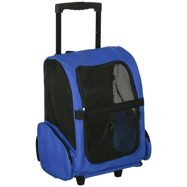 Blue wheeled pet travel carrier backpack with telescopic handle and front mesh window