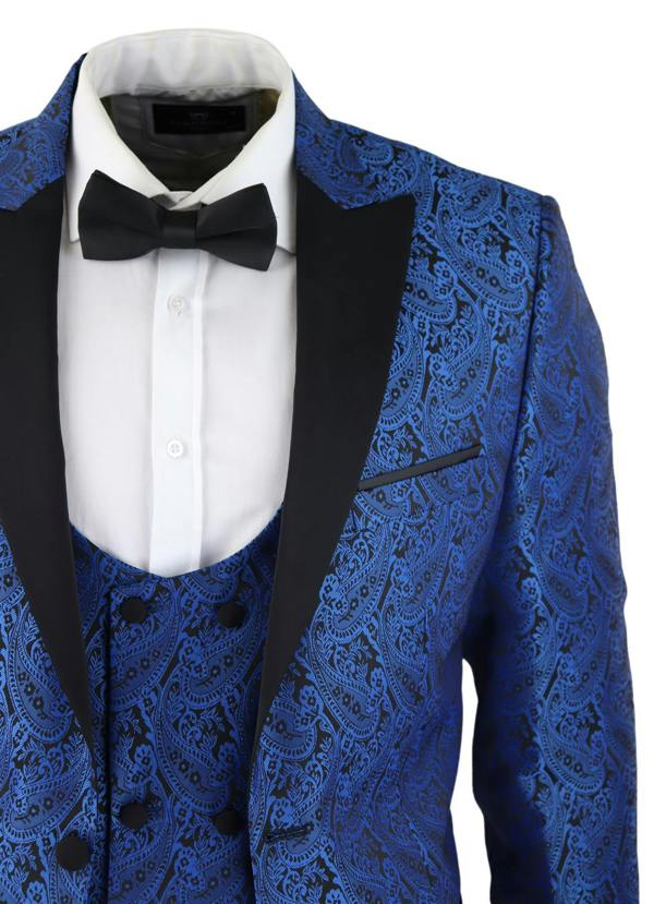 TruClothing Mens Blue Tuxedo Blazer Waistcoat Brocade Black Satin Paisley Dinner Jacket