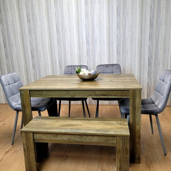 Kosy Koala Wooden Dining Table Set for 6 Rustic Effect Table With 4 Grey Velvet Chairs and 1 Bench