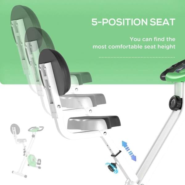 Adjustable seat and backrest assembly on a green folding exercise bike