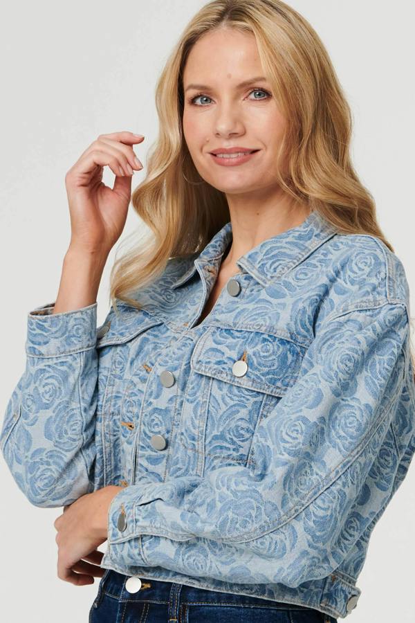 Blue | Floral Print Cropped Denim Jacket