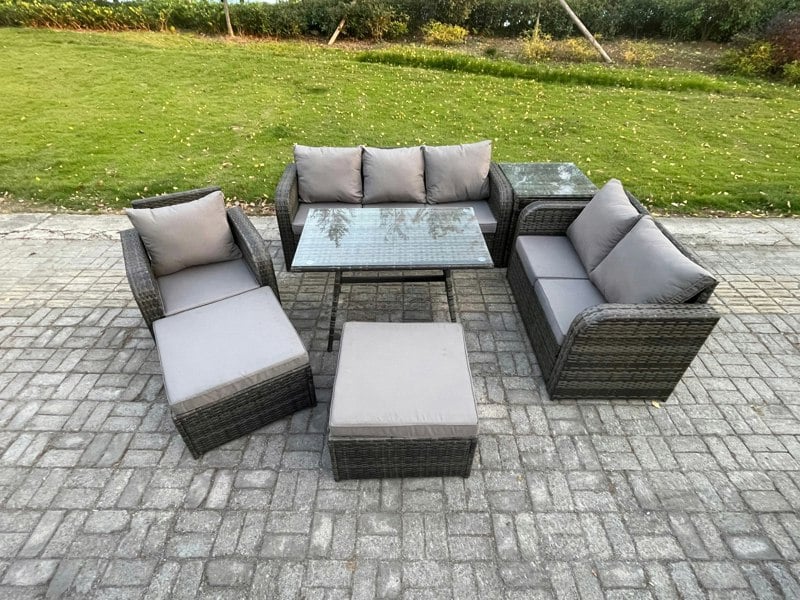 Fimous 7-Piece Outdoor Lounge Sofa Set - Dark Grey Mixed Wicker PE Rattan Garden Furniture with Rectangular Dining Table & Armchair