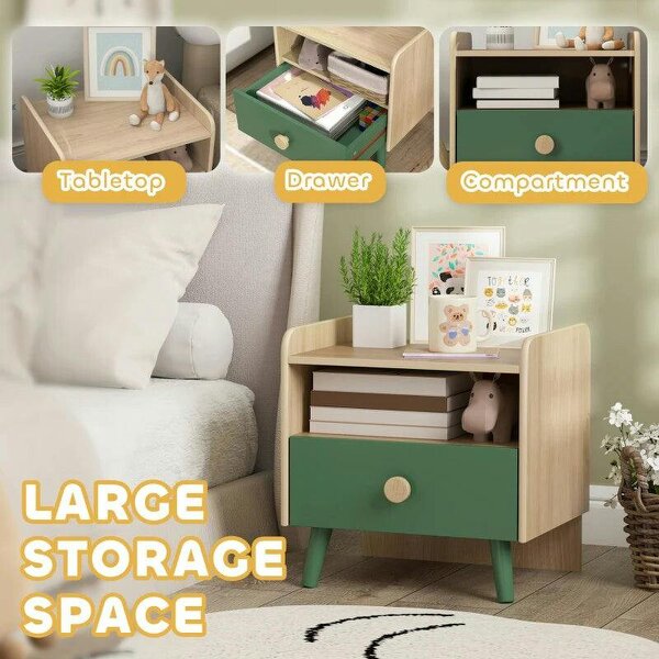 Kids Bedside Table with Drawer and Open Storage Shelf, Wooden Nightstand for Bedroom, Bedside Cabinet, Green