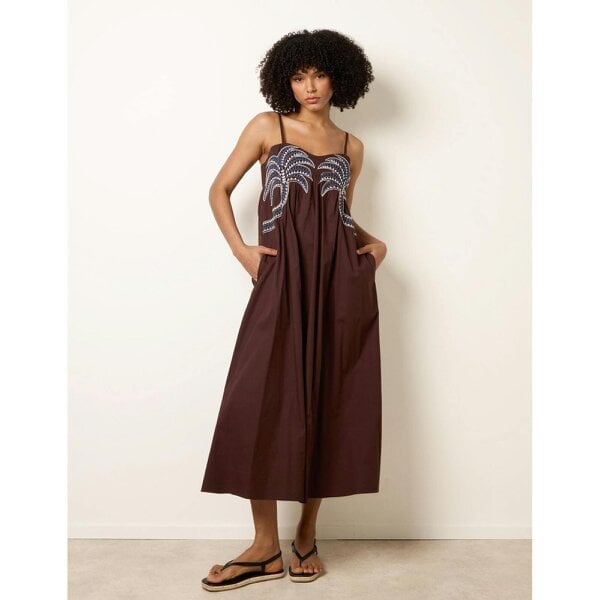 Blue Vanilla Palm Tree Embroidery Smock Dress