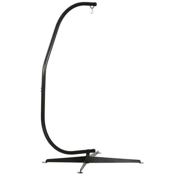 Black steel hammock stand with arched frame and hanging hook loop