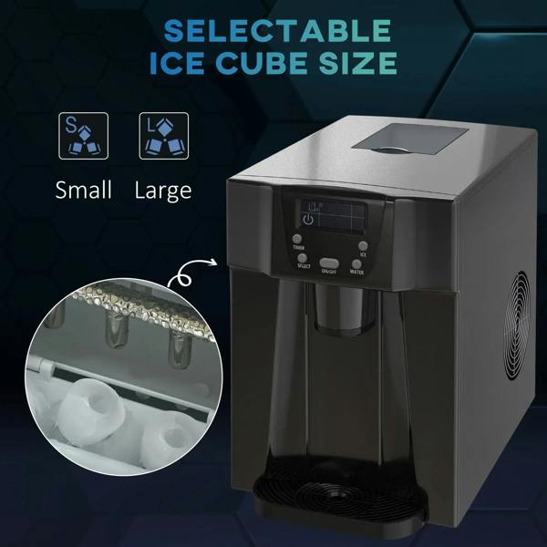 Black ice maker machine with selectable ice cube settings shown on control panel