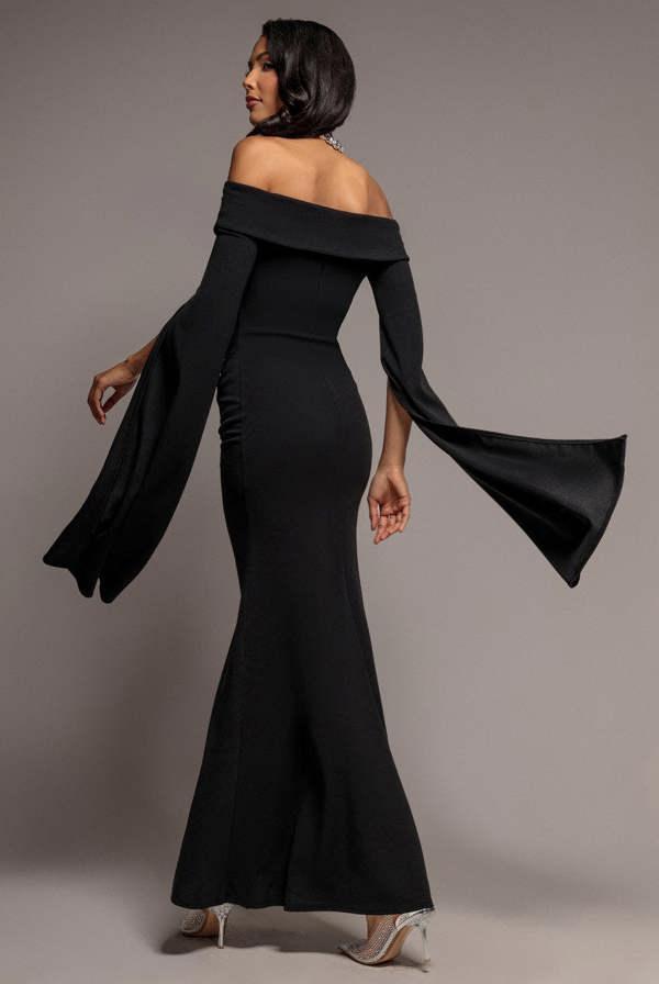 Off Shoulder Bardot Maxi Dress With  Split Cape Sleeves - Black DR5254