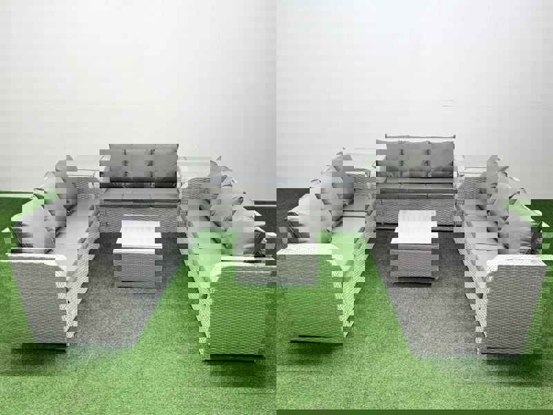 Fimous PE Rattan Lounge Sofa Set 9 Seater Outdoor Garden Furniture Set with Square Coffee Table 3 Seater Sofa 2 Side Table Light Grey