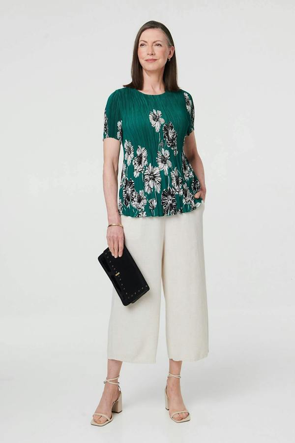 Green | Floral Pleated Texture Short Sleeve Top