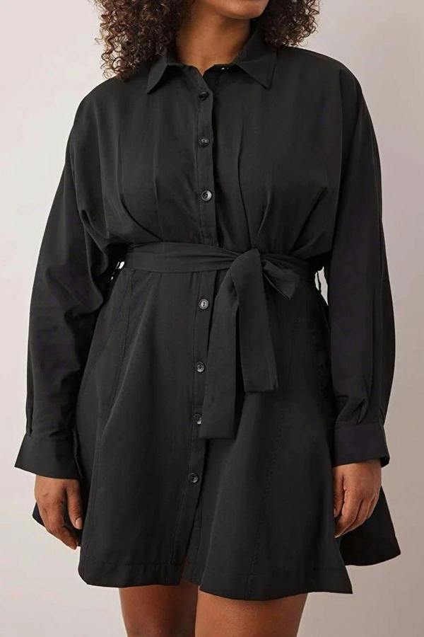 WOVCOR Mini Woven Belted Plus Size Shirt Dress
