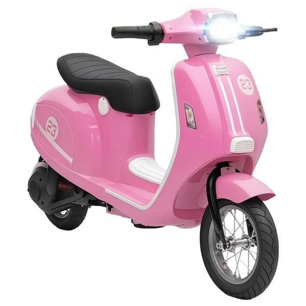 Pink kids electric ride-on motorbike with LED headlight, black seat, front wheel