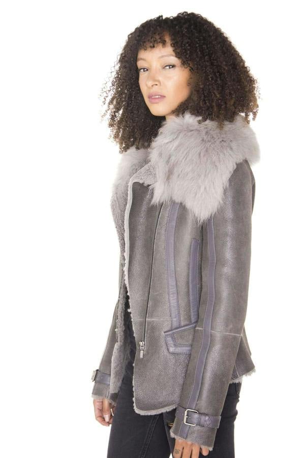 Infinity Leather Womens Grey Toscana Shearling Flying Jacket-Teresina