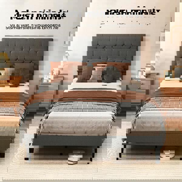 Levede Bed Frame Upholstered Linen Headboard Tufted Wooden Slat Double Size Grey