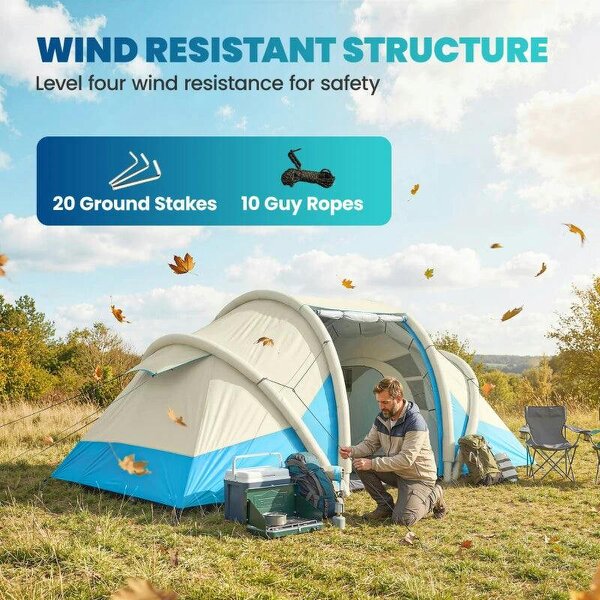 Inflatable Tent 2 Bedroom Tunnel Design Windproof Air Tent with Carry Bag for 4 Person