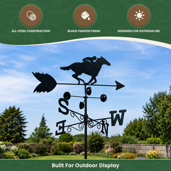 Horse Racer Steel Weathervane with Ground Spike and Wall Fixing, Black Outdoor Wind Direction Ornament with Wind Speed Cups