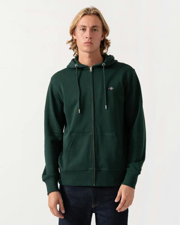 Front of the GANT Mens Regular Fit Shield Logo Full Zip Hoodie - 374 Tartan Green