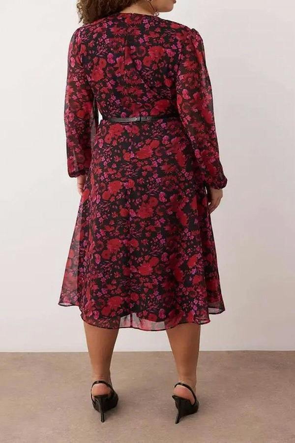 WOVCOR Belted A-Line Midi Wrap Neckline Patterned Chiffon Woven Dress