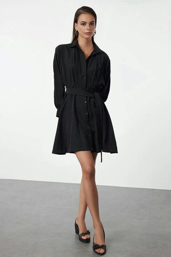 WOVCOR Mini Woven Shirt Dress with Belt Detail