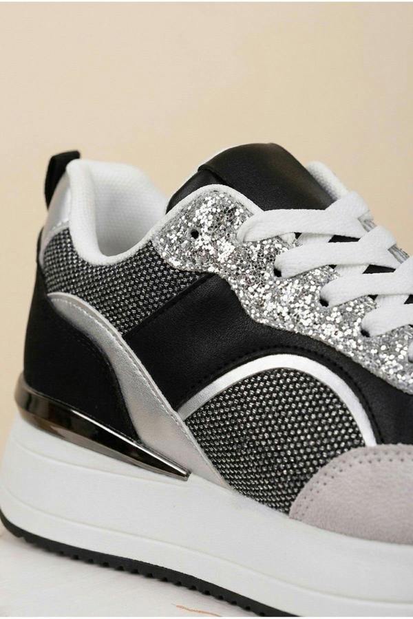 Chloe Womens Glitter Panel Platform Trainers - Black