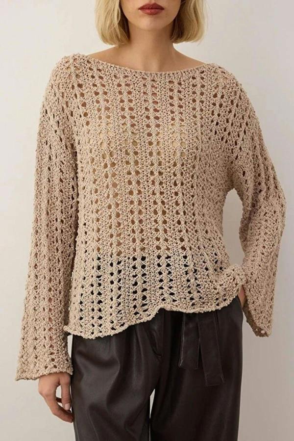 WOVCOR Openwork Boat Neck Knit Sweater
