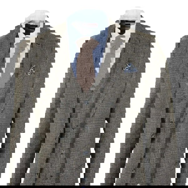 Robert Simon Parker - Men's Tan Brown Classic Check Slim Fit 3 Piece Suit