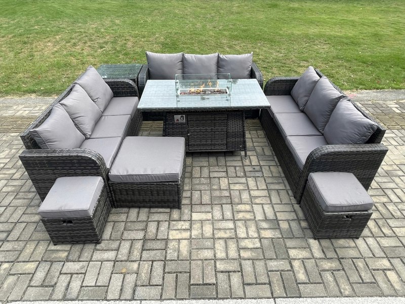 Fimous Rattan Outdoor Garden Furniture Set with Gas Fire Pit Table, Side Table, 3 Sofas, 3 Footstools - 12 Seater - Dark Grey