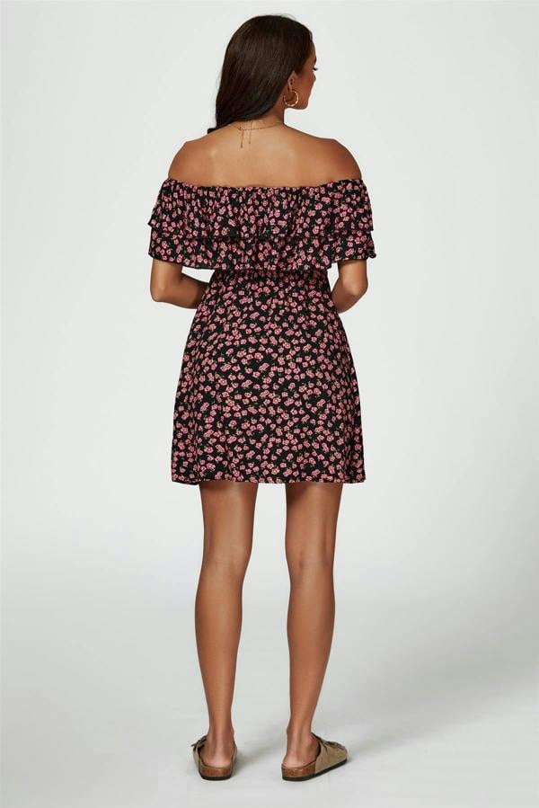 FS Collection Floral Print Bardot Frill Mini Dress In Black