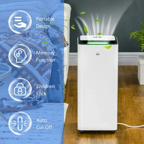 White portable dehumidifier with air purifier, front view with visible power cord