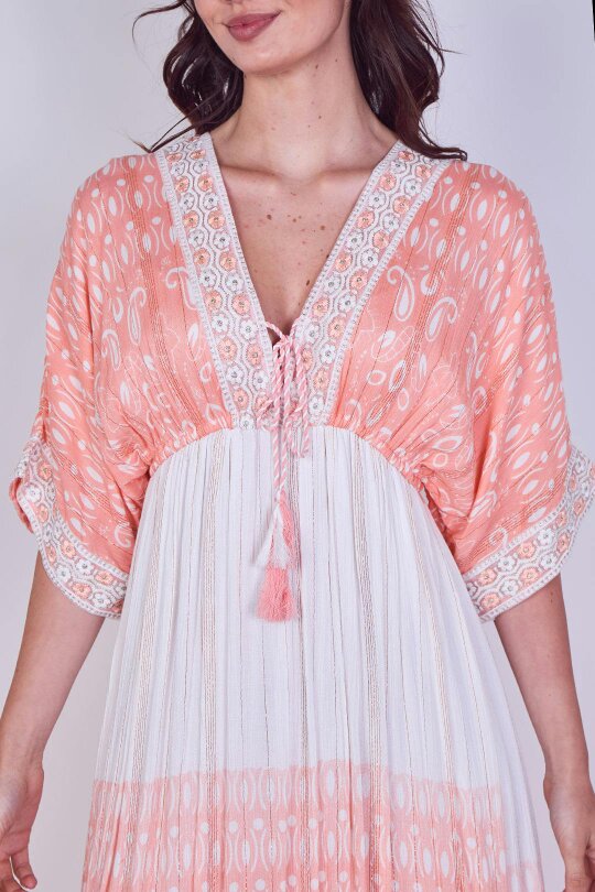 Boho Embroidered Maxi Dress with Tassel Tie – One Size (UK 8–14) - Peach Pink