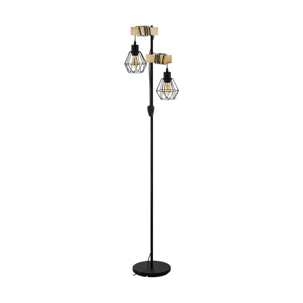 EGLO Townshend 5 Black/Natural Metal And Wood 2-Light Floor Lamp - Industrial Style (D) 25cm