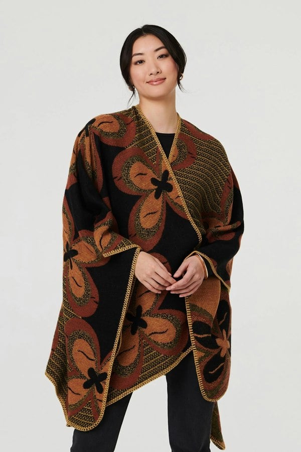 Black | Abstract Floral Print Longline Poncho
