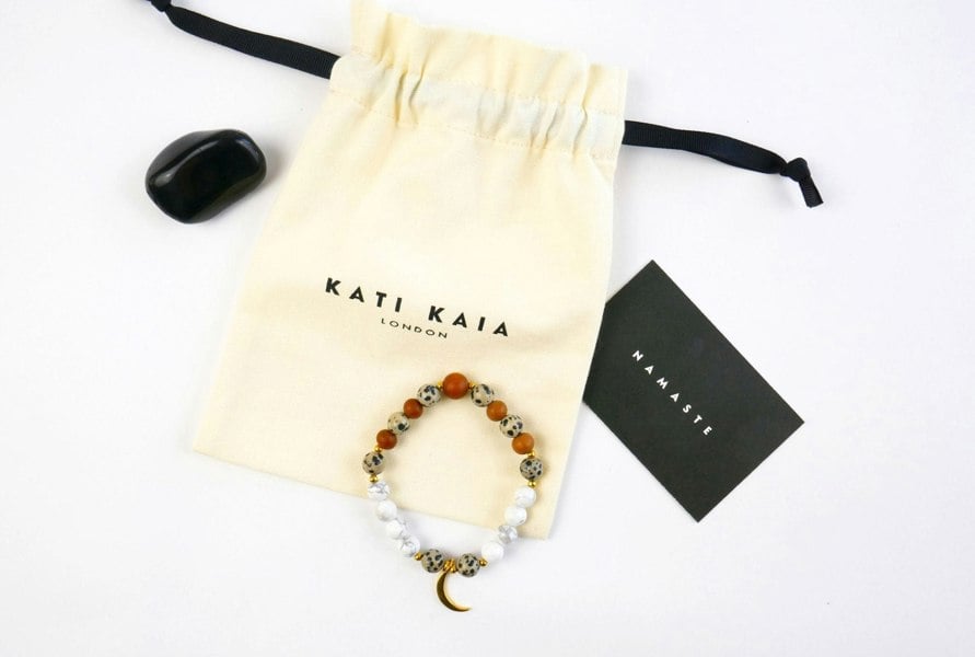 Kati Kaia Luna Sandalwood and Howlite Mala Bracelet in natural colours with a storage pouch