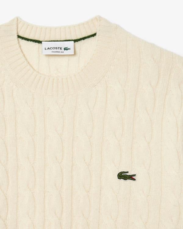 Lacoste Carded Wool Cable Knit Crew Neck Mens Sweater - Lapland XFJ - CHO - Designer Mens Jumpers