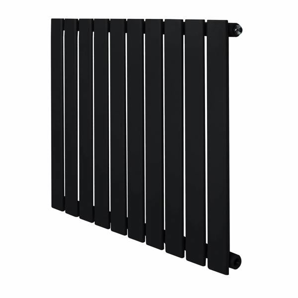 Flat single column radiator in sleek black finish, measuring 600 x 700mm, featuring a modern design with vertical slats and smooth texture