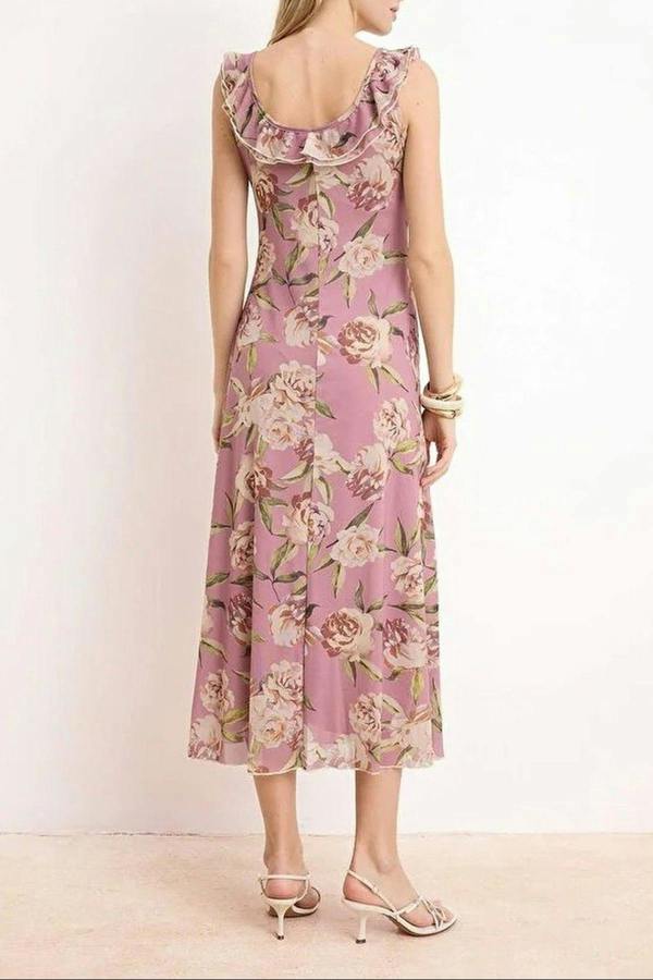 WOVCOR Floral A-Line Pool Neck Fruffled Midi Tulle Knit Dress