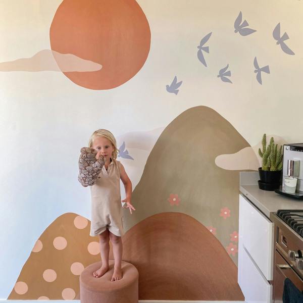 Roomblush Nursery Sunset Mountain Tops 6 Lane Repeatable Wallpaper Mural 300 x 285cm, Warm Neutrals