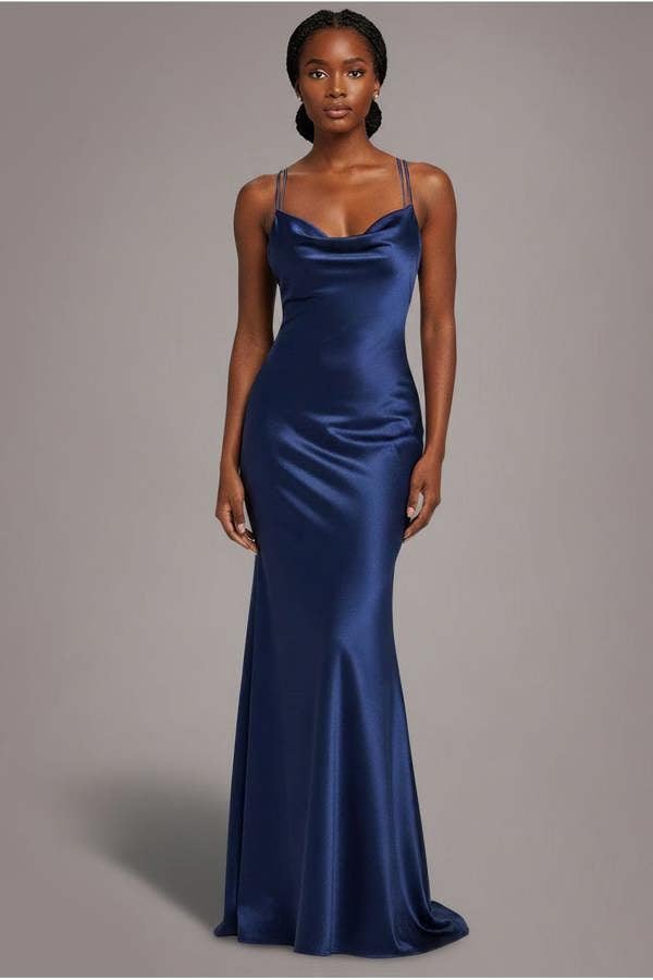Cowl Neck With Strappy Back Satin Maxi - Navy DR2113