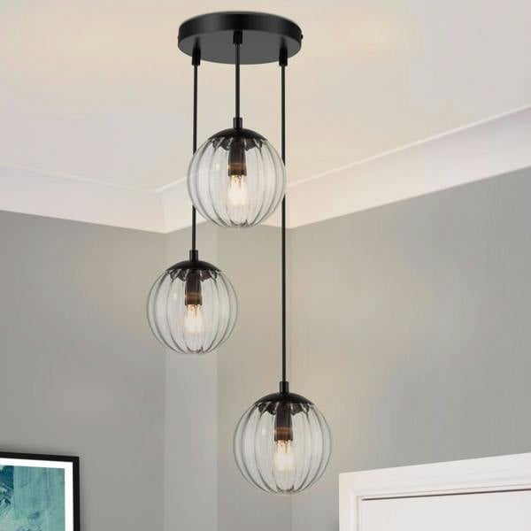 COSYLYTE Kingston 3 Light Ribbed Glass Pendant Light - Matt Black
