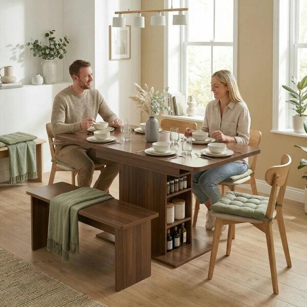 Extendable Dining Table for 4-6 People, 110-130cm Kitchen Table with 6 Open Shelves, Walnut Brown - Walnut brown
