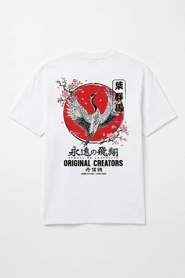 London Attitude Japanese Crane Oversized Heavyweight Graphic T-Shirt in White