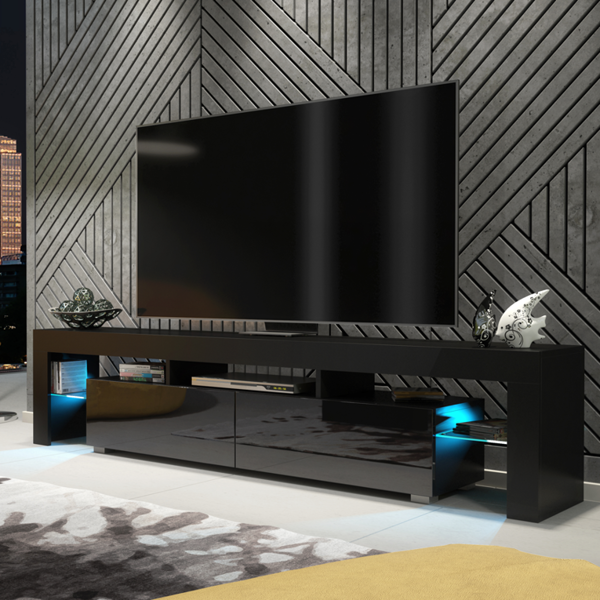 Mex Furniture Sleek 200cm TV Unit Modern Cabinet TV Stand Black High Gloss Doors with Free LED