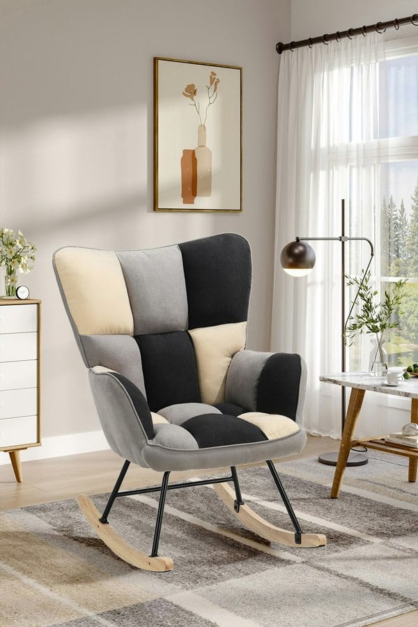 Living and Home Beige Grey Black Check Tufted Linen Patchwork Rocking Chair