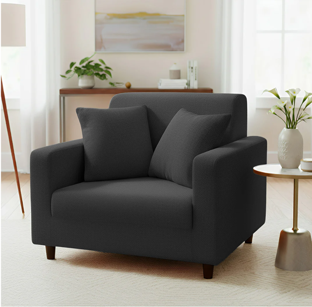 Anyseat 1 Seater Sofa Cover Plain Dark Grey Style and Protection For Living Room Sofa Chair Elastic Stretchable Slipcover