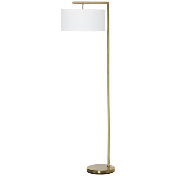 Modern floor lamp with white linen drum shade and gold round base