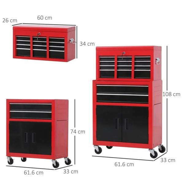Red metal tool cabinet with top drawer bays, middle drawer, and double-door base