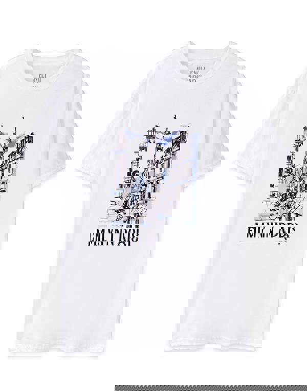 Emily In Paris Womens White Sketchy Cityscape Short Sleeved T-Shirt